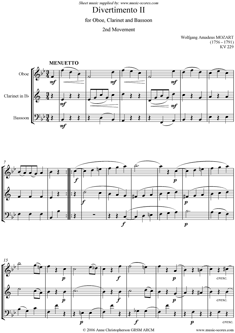 K439b, K.Anh229 Divertimento No 02: 2nd mvt, Minuet and Trio: Oboe, Clarinet, Bassoon by Mozart