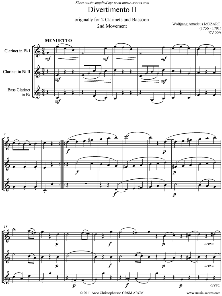 K439b, K.Anh229 Divertimento No 02: 2nd mvt, Minuet 2 Clas, Bcl. by Mozart