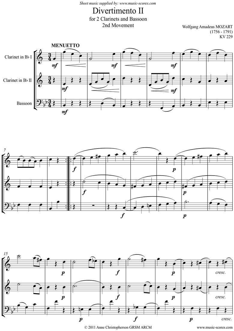 K439b, K.Anh229 Divertimento No 02: 2nd mvt, Minuet and Trio: 2Cls, Fg by Mozart