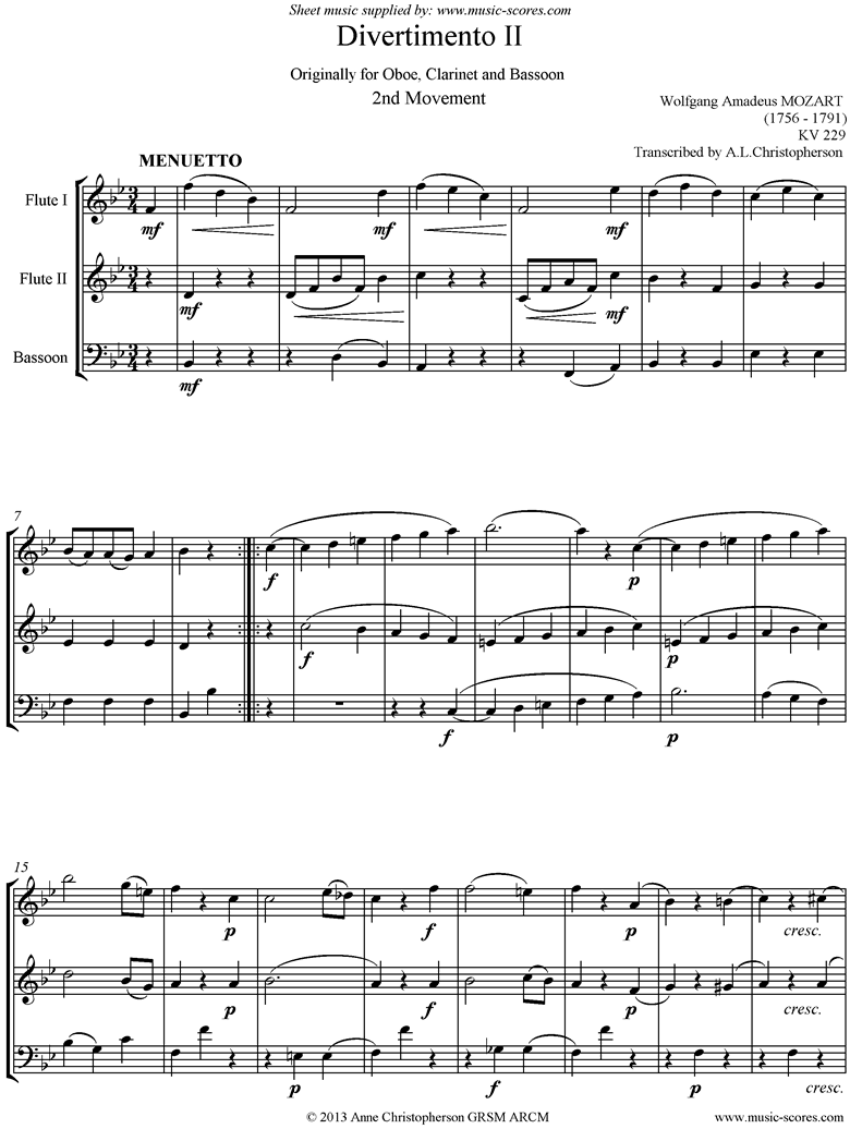 Front page of K439b, K.Anh229 Divertimento No 02: 2nd mvt, Minuet and Trio: 2Fls, Fg sheet music