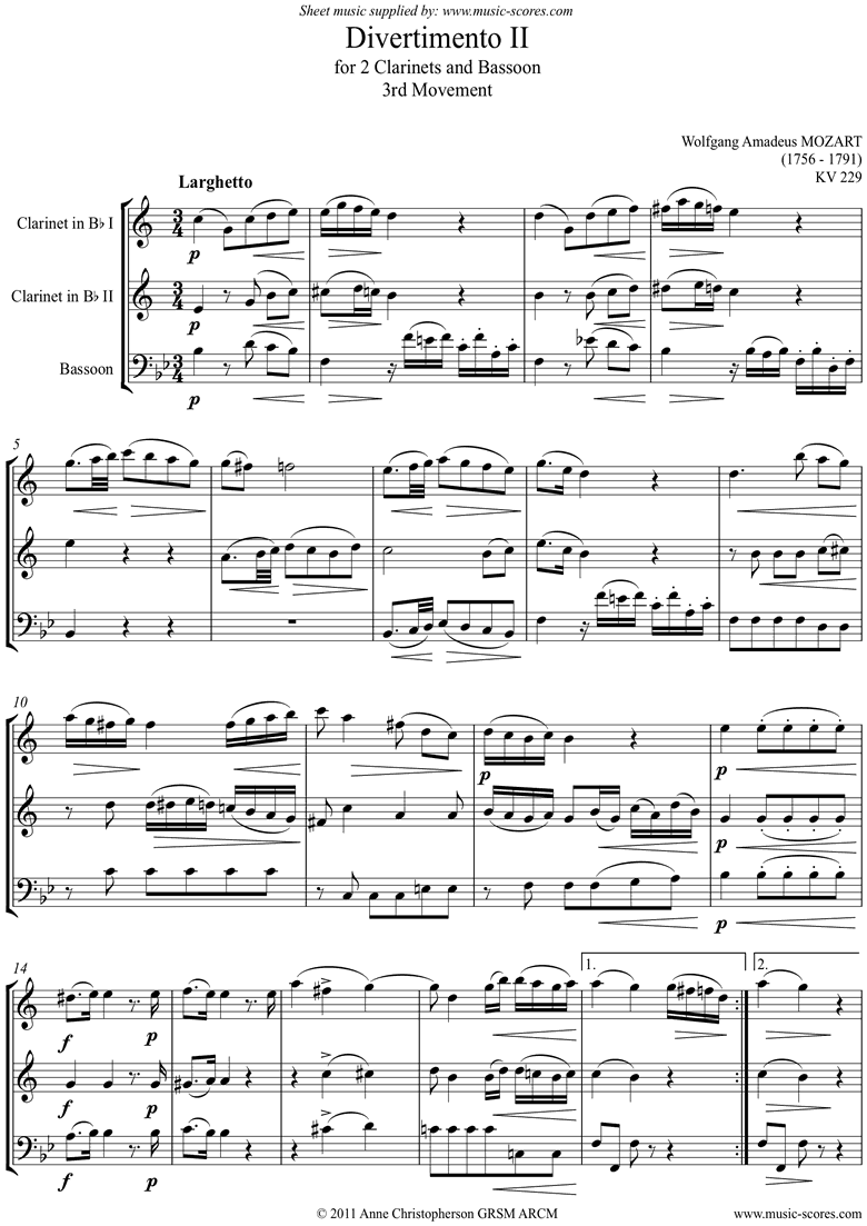 K439b, K.Anh229 Divertimento No 02: 3rd mvt, Larghetto: 2 Cls, Fg by Mozart