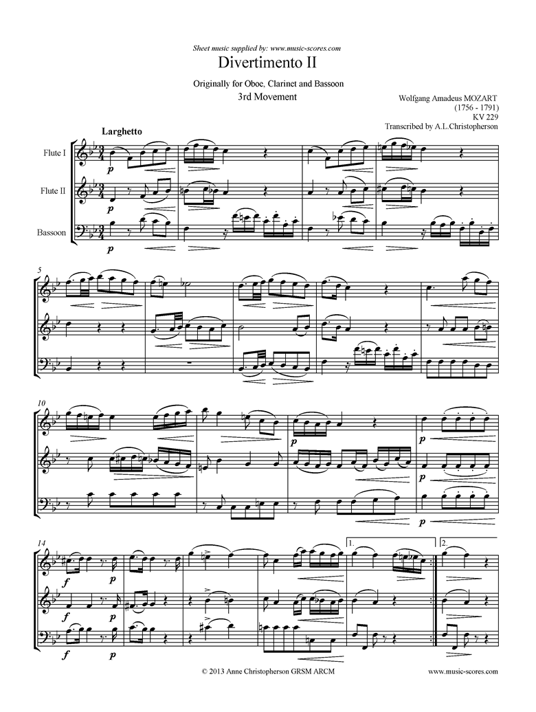 K439b, K.Anh229 Divertimento No 02: 3rd mvt, Larghetto: 2 Fls, Fg by Mozart