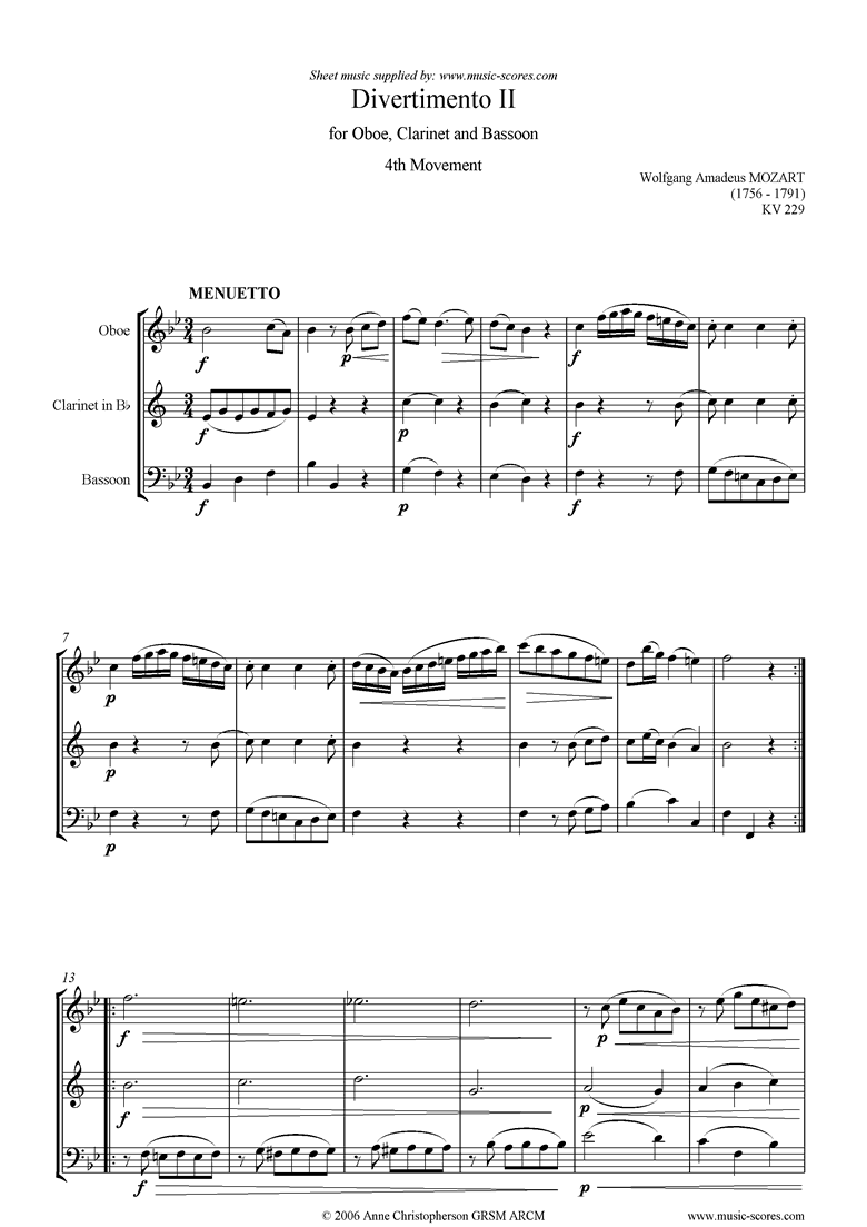 Front page of K439b, K.Anh229 Divertimento No 02: 4th mvt, Minuet and Trio: Oboe, Clarinet, Bassoon sheet music