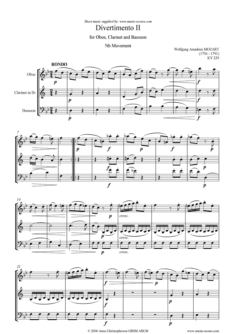 K439b, K.Anh229 Divertimento No 02: 5th mvt, Rondo: Oboe, Clarinet, Bassoon by Mozart