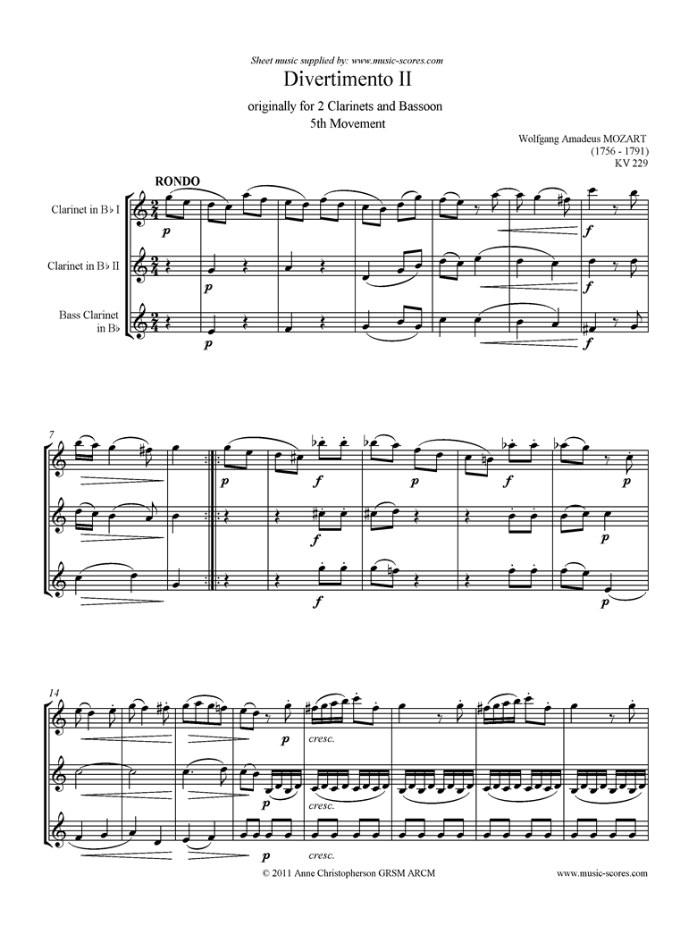 K439b, K.Anh229 Divertimento No 02: 5th mvt, Rondo: 2 Cls, Bcl by Mozart