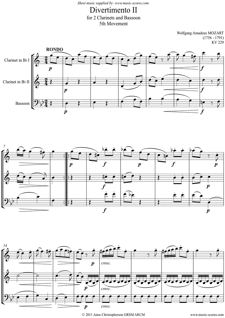 K439b, K.Anh229 Divertimento No 02: 5th mvt, Rondo: 2 Cls, Fg by Mozart