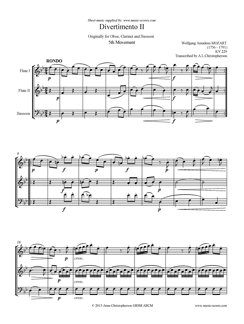 Front page of K439b, K.Anh229 Divertimento No 02: 5th mvt, Rondo: 2 Fls, Fg sheet music