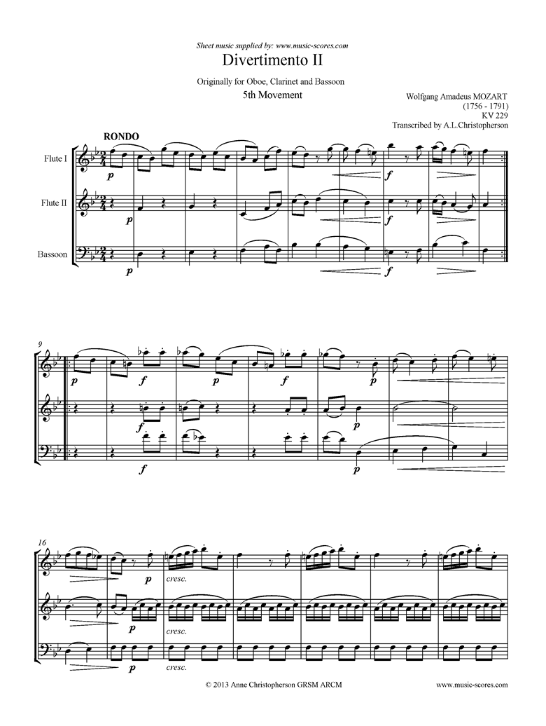 K439b, K.Anh229 Divertimento No 02: 5th mvt, Rondo: 2 Fls, Fg by Mozart