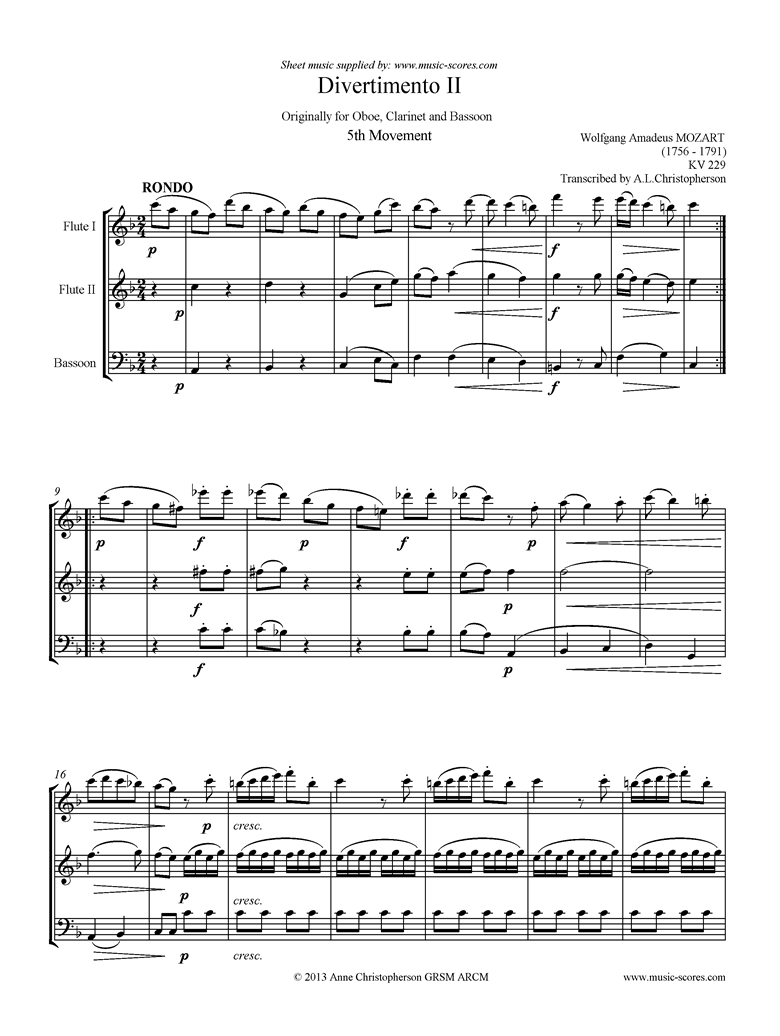 K439b, K.Anh229 Divertimento No 02: 5th mvt, Rondo: 2 Fls, Fg: higher by Mozart