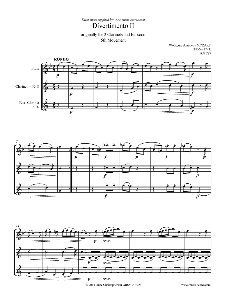 Front page of K439b, K.Anh229 Divertimento No 02: 5th mvt, Rondo: Flute, Clarinet, Bass Clarinet sheet music
