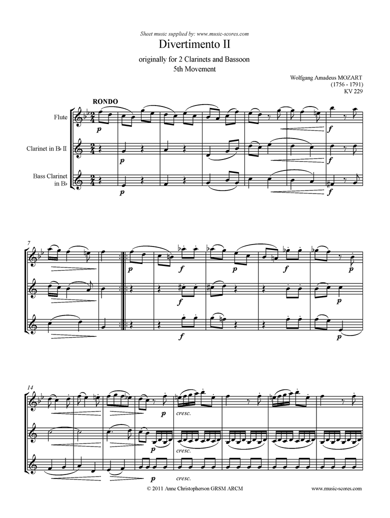 K439b, K.Anh229 Divertimento No 02: 5th mvt, Rondo: Flute, Clarinet, Bass Clarinet by Mozart