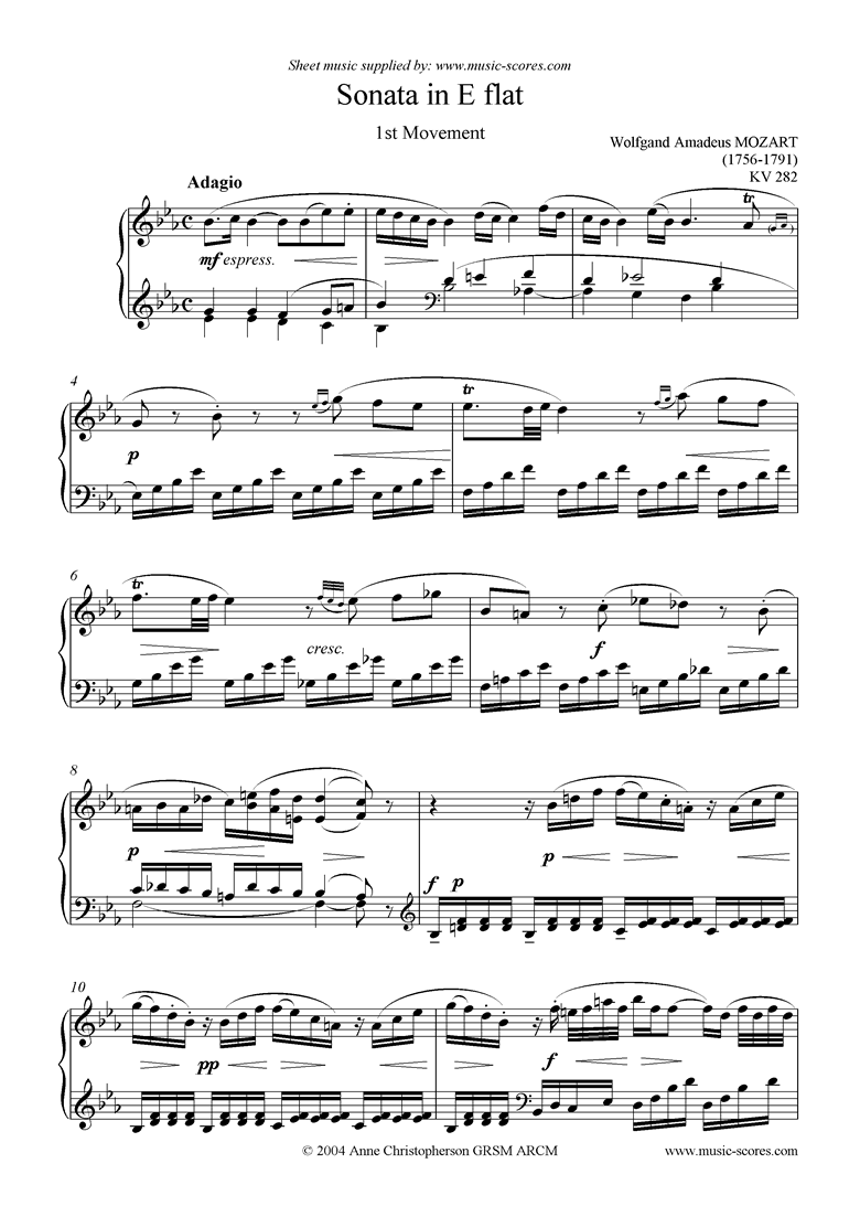 Front page of K282 Sonata in Eb, 1st Movement Adagio sheet music