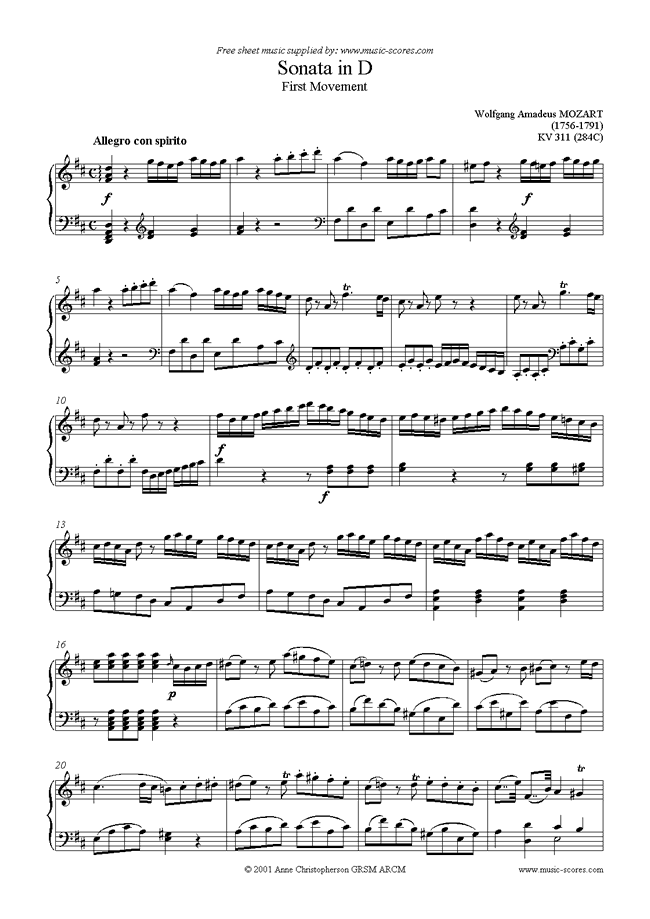 Front page of K311 (284C) Sonata in D, 1st Movement sheet music