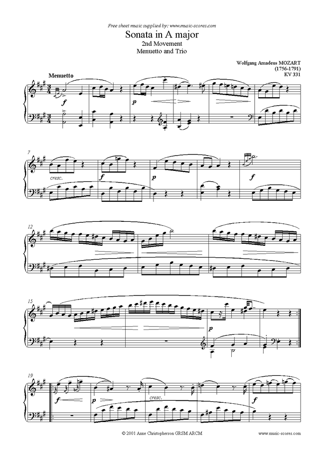 Front page of K331 Sonata in A, 2nd Movement sheet music