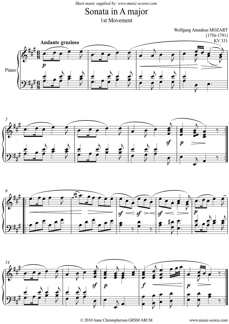 Front page of K331 Sonata in A, 1st mvt: Theme and Variations sheet music