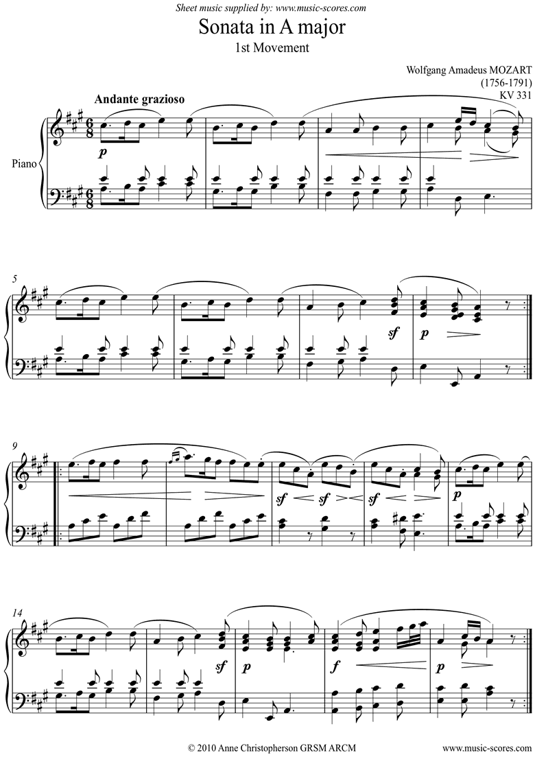 Mozart K331 Sonata In A 1st Mvt Theme And Variations Classical Sheet