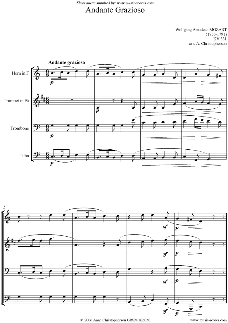 Front page of K331 Andante Grazioso: Brass ensemble sheet music