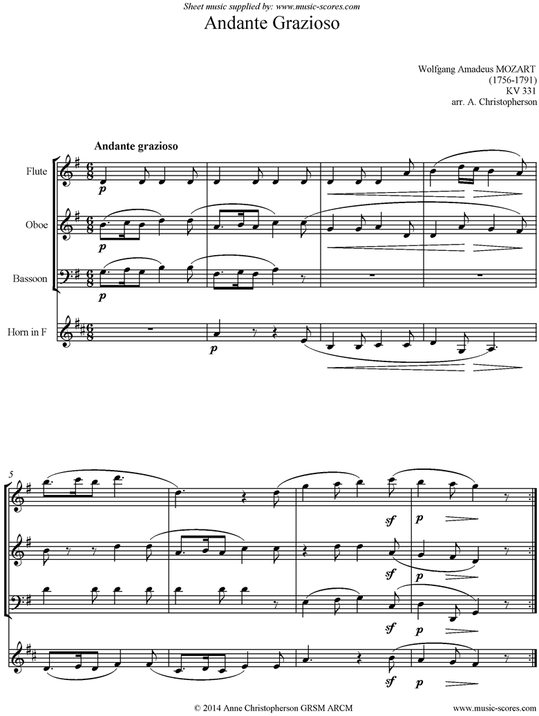 Front page of K331 Andante Grazioso: Flute, Oboe, Bassoon and French Horn sheet music