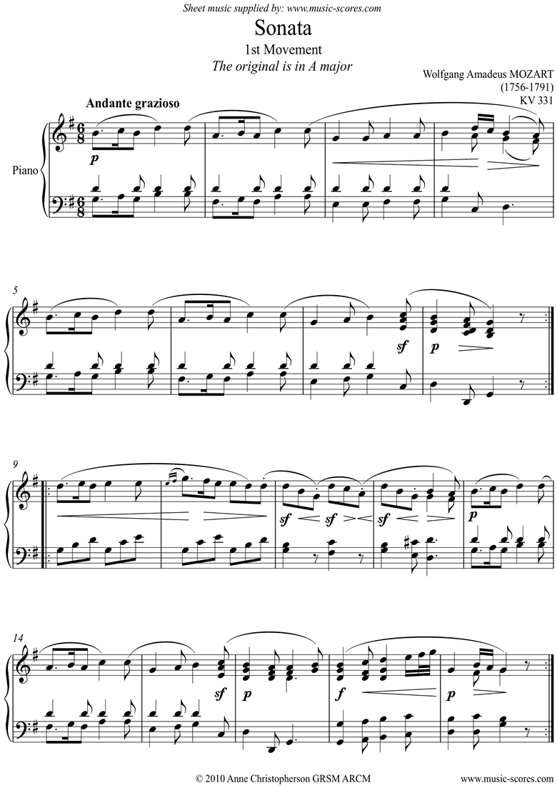 Front page of K331 Sonata in A, 1st mvt: Theme and Variations: G sheet music
