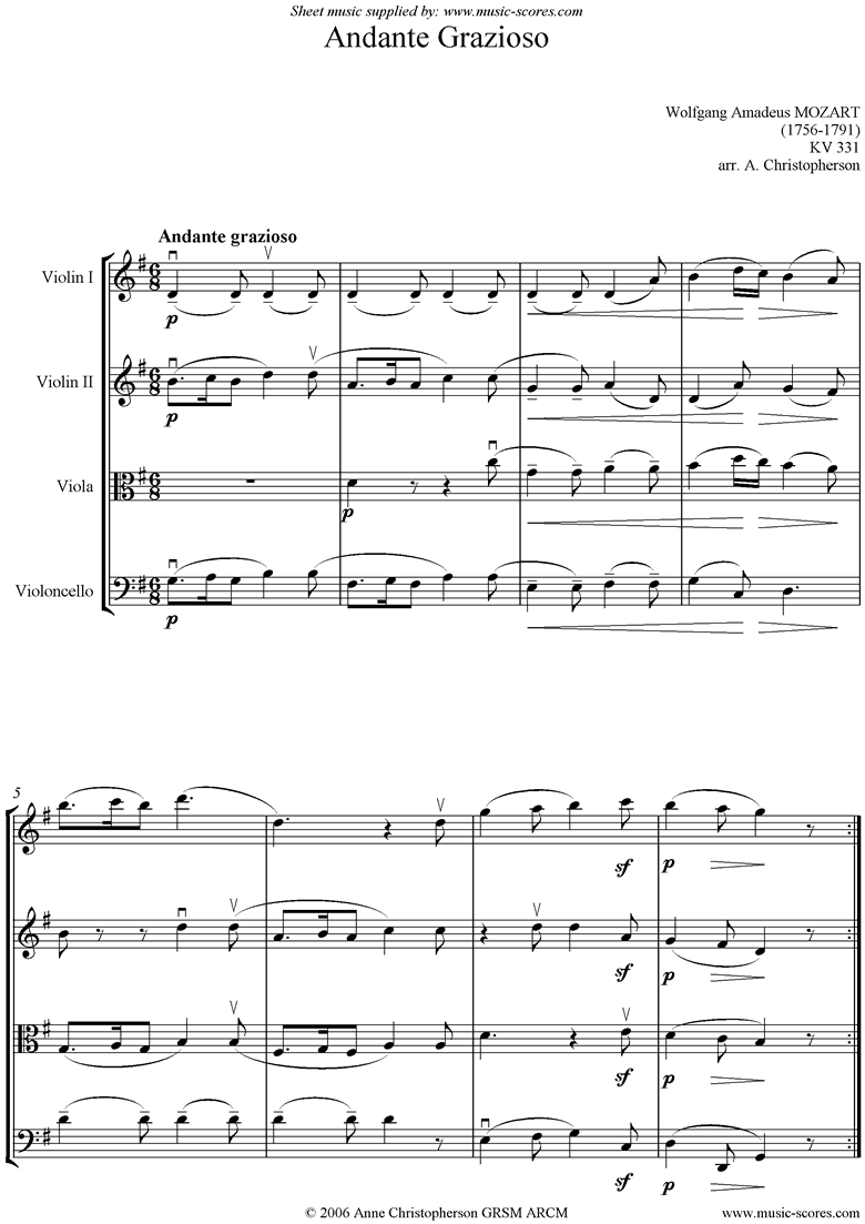 Front page of K331 Andante Grazioso: String Quartet sheet music