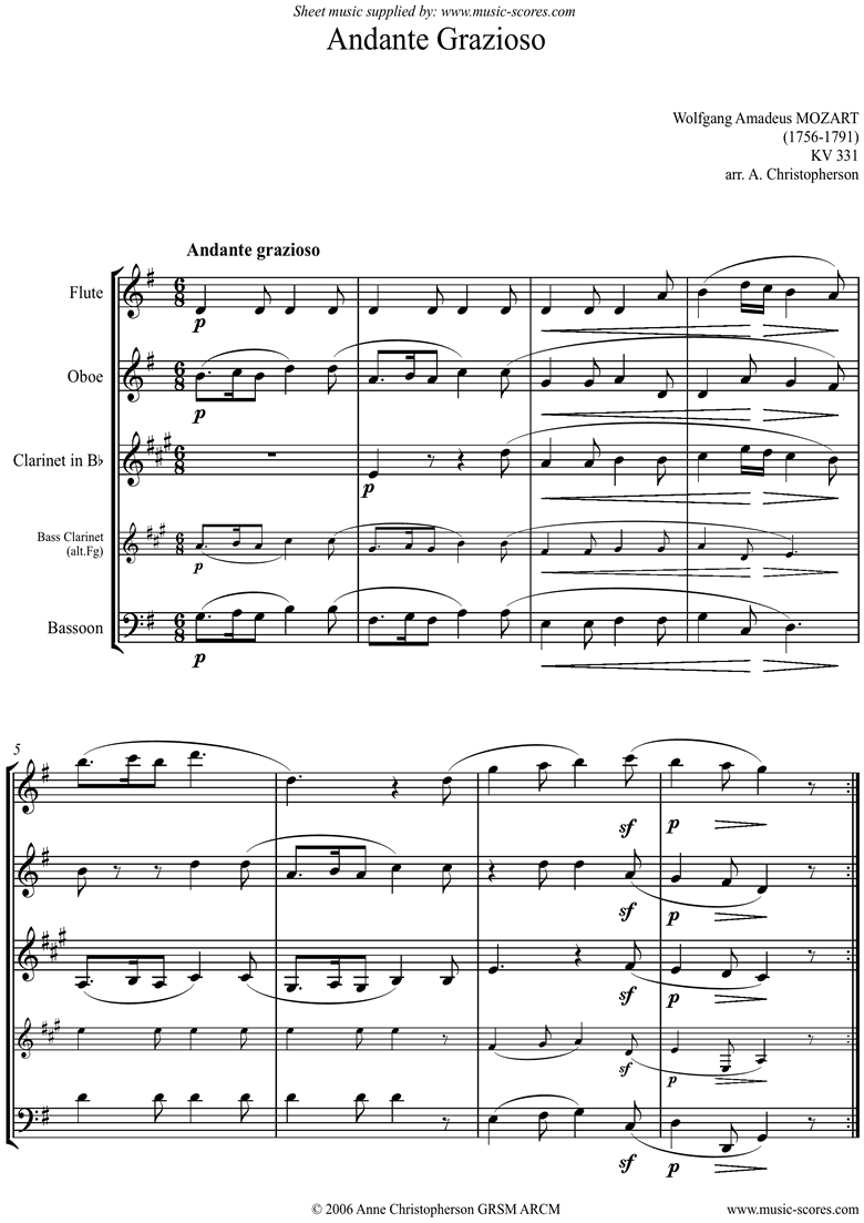 Front page of K331 Andante Grazioso: Wind Quartet sheet music