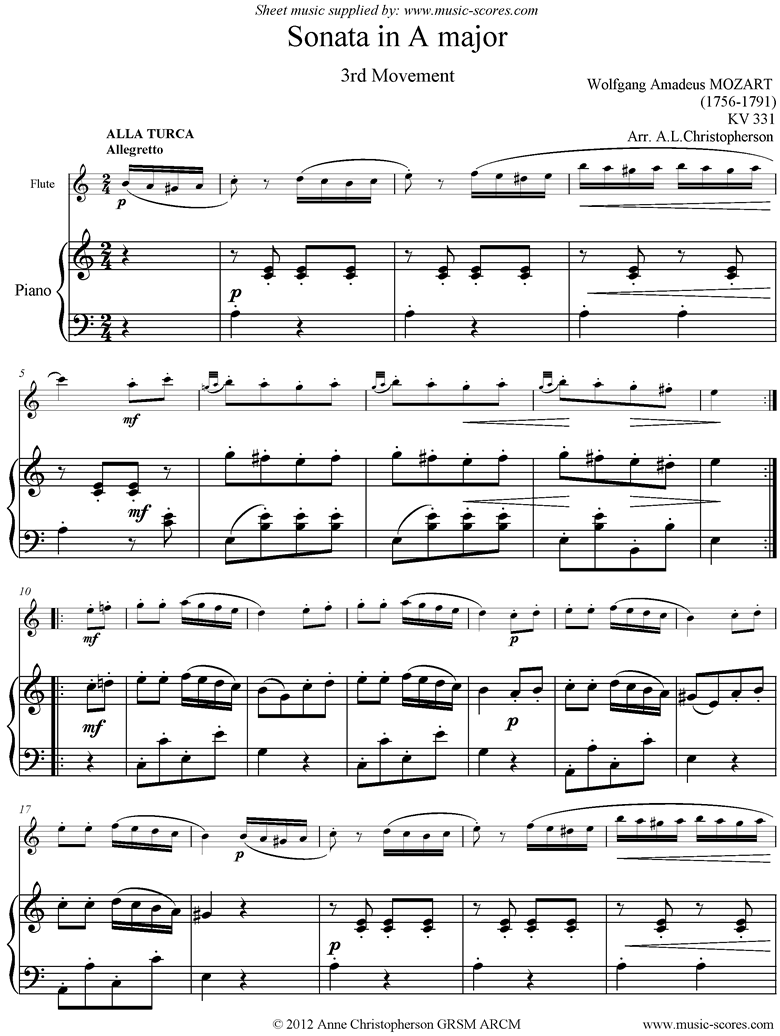 Front page of K331 Rondo Alla Turca. Flute and Piano sheet music