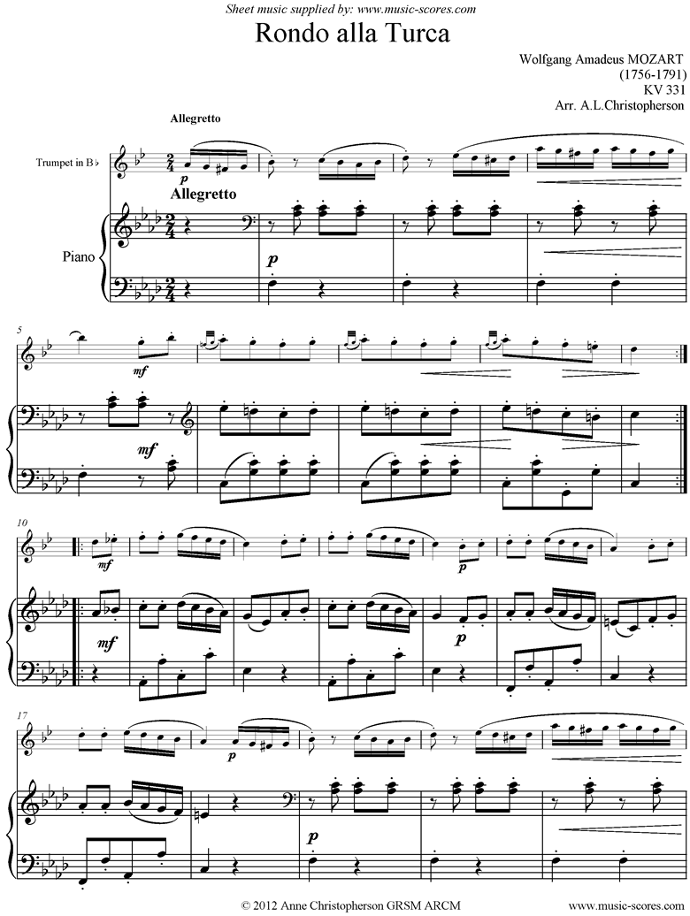 Front page of K331 Rondo Alla Turca. Trumpet and Piano sheet music