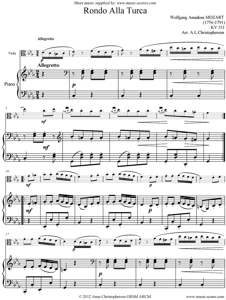 Front page of K331 Rondo Alla Turca. Viola and Piano sheet music