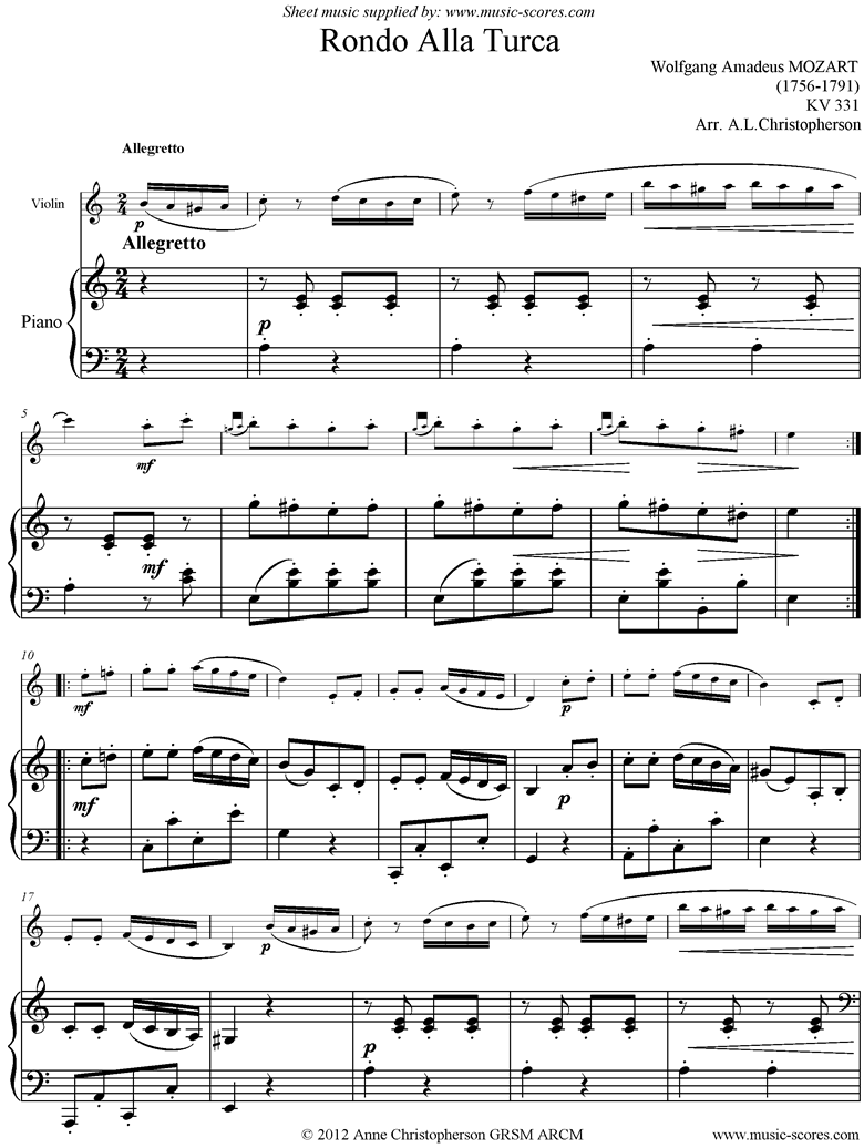 Front page of K331 Rondo Alla Turca. Violin and Piano, A mi sheet music