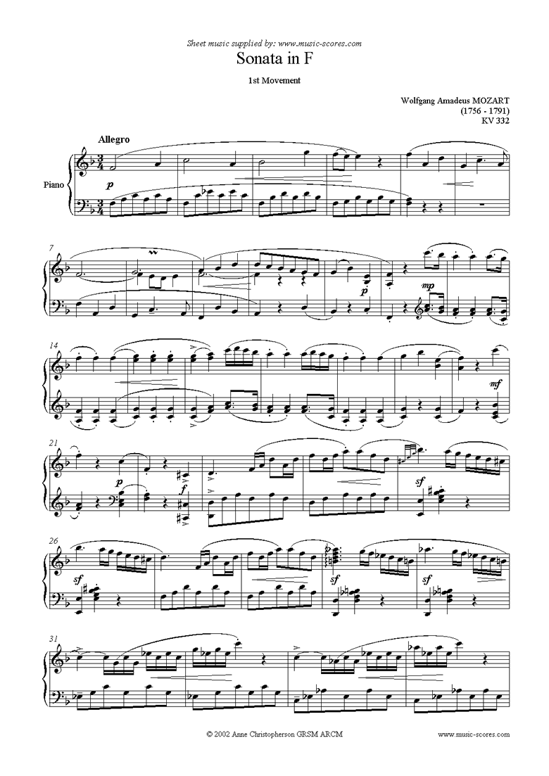 Front page of K332 Sonata in F, 1st Movement sheet music