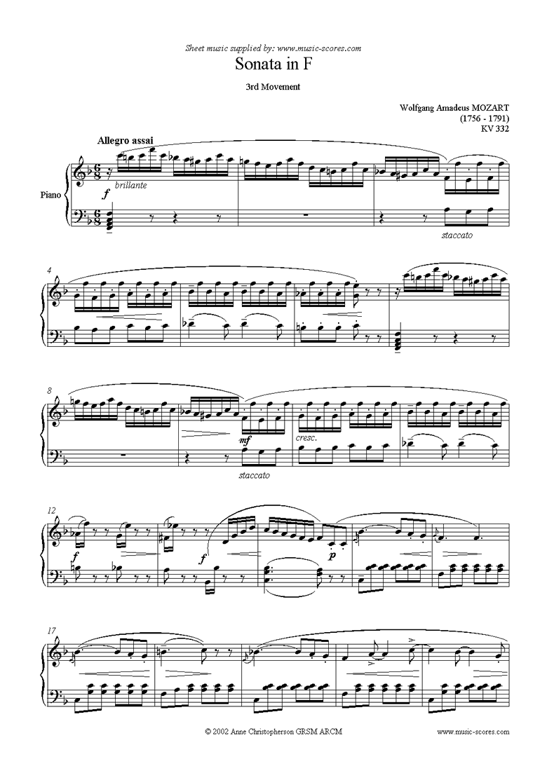 Front page of K332 Sonata in F, 3rd Movement sheet music