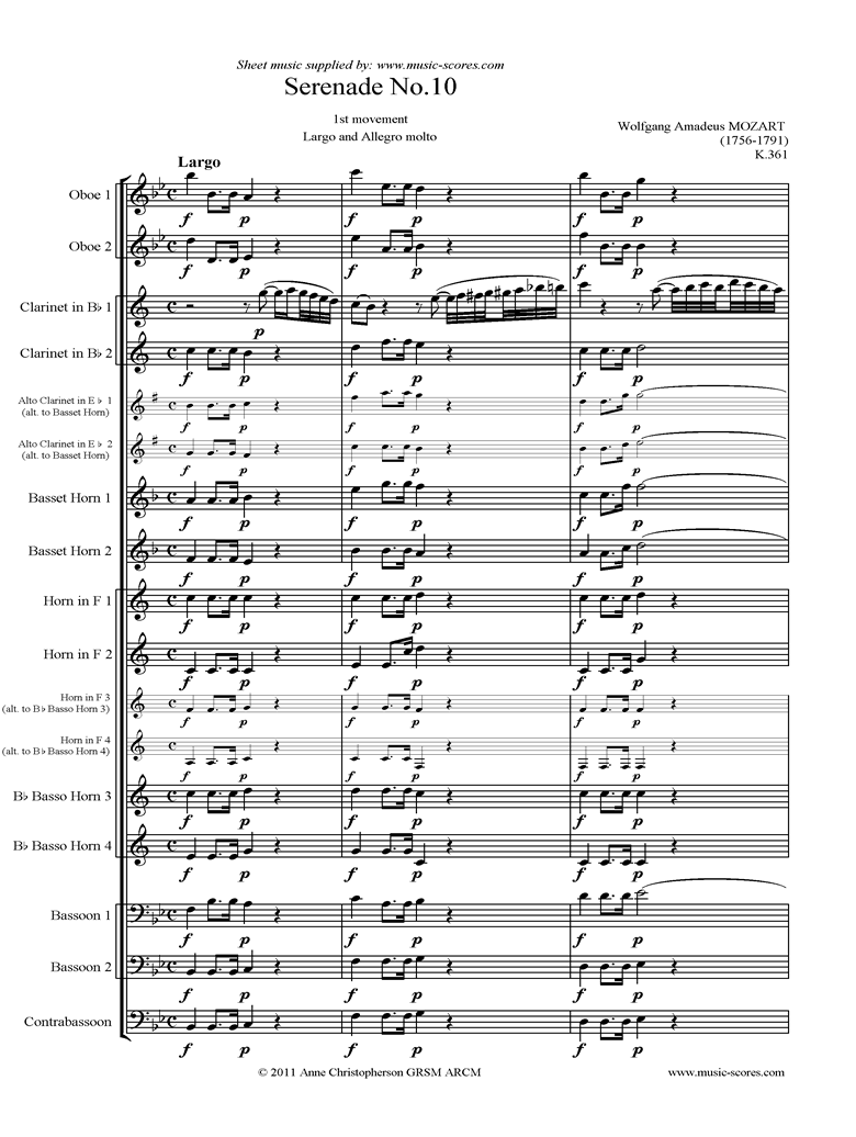 Front page of K361 Serenade no.10: 1st mvt Largo and Allegro molto. sheet music