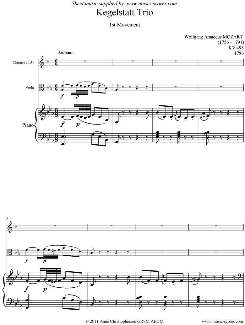 Front page of K498 Kegelstatt Trio: 1st mvt:  Clarinet, Viola, Piano sheet music