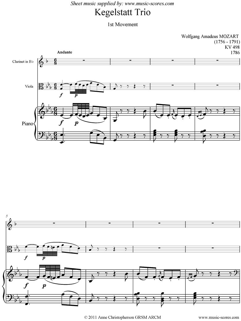 K498 Kegelstatt Trio: 1st mvt:  Clarinet, Viola, Piano by Mozart
