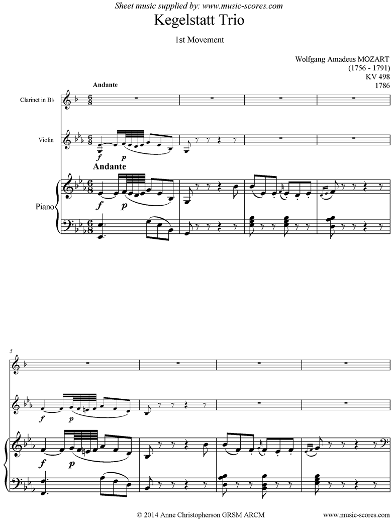 K498 Kegelstatt Trio: 1st mvt:  Clarinet, Violin, Piano by Mozart