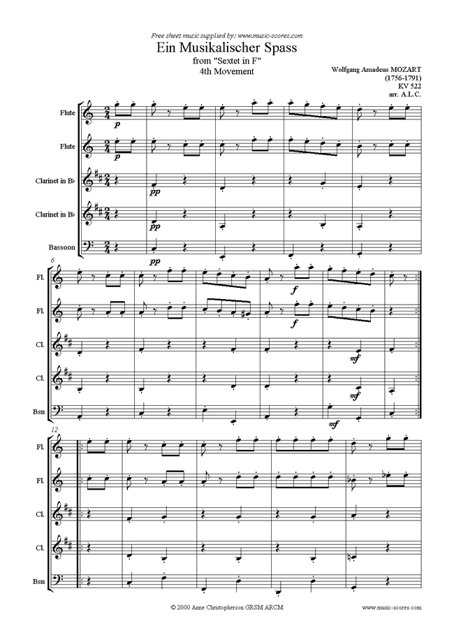 Front page of K522 Ein Musikalischer Spass: wind 5 sheet music