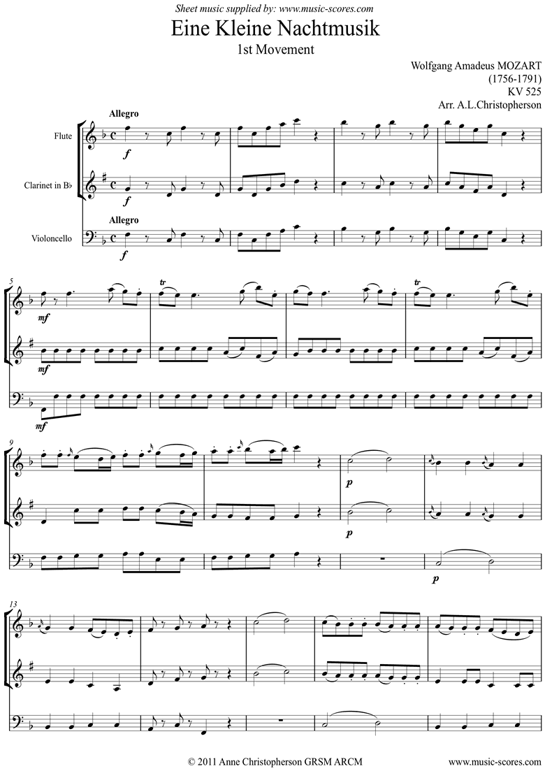 Front page of K525 Eine Kleine Nacht Musik 1: fl,cl,vc. sheet music