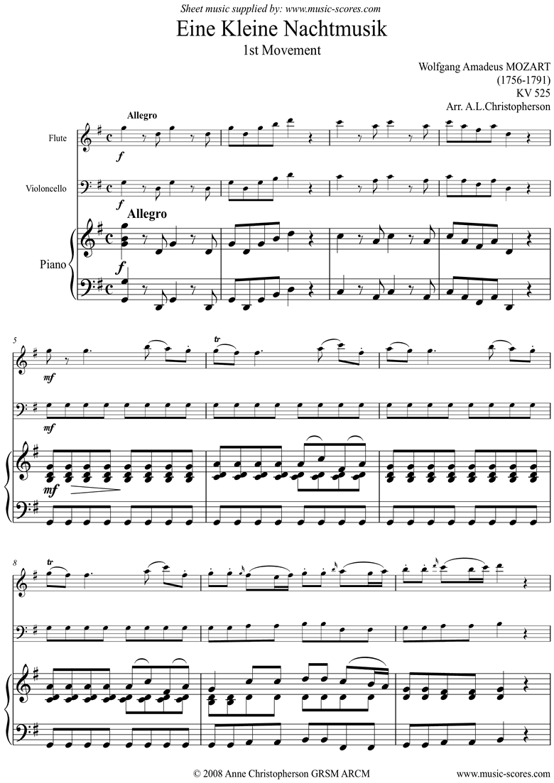 Front page of K525 Eine Kleine Nacht Musik 1: fl,vc,pno sheet music