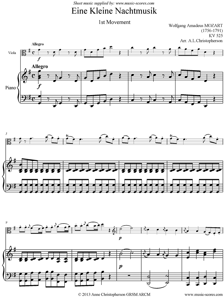 K525 Eine Kleine Nacht Musik: 1st movement: Viola, Piano by Mozart