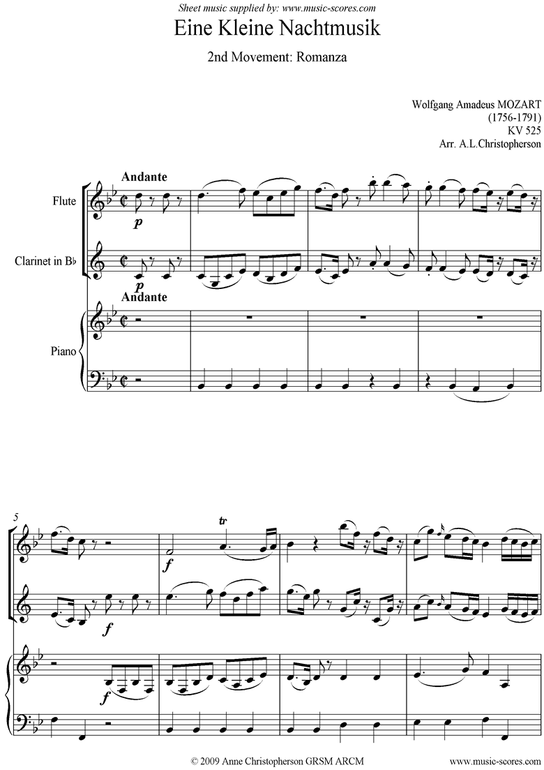 Front page of K525 Eine Kleine Nacht Musik 2: Romanza:Fl Cl Pno sheet music