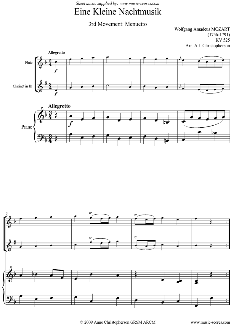 K525 Eine Kleine Nacht Musik 3: Menuetto:Fl Cl Pno by Mozart