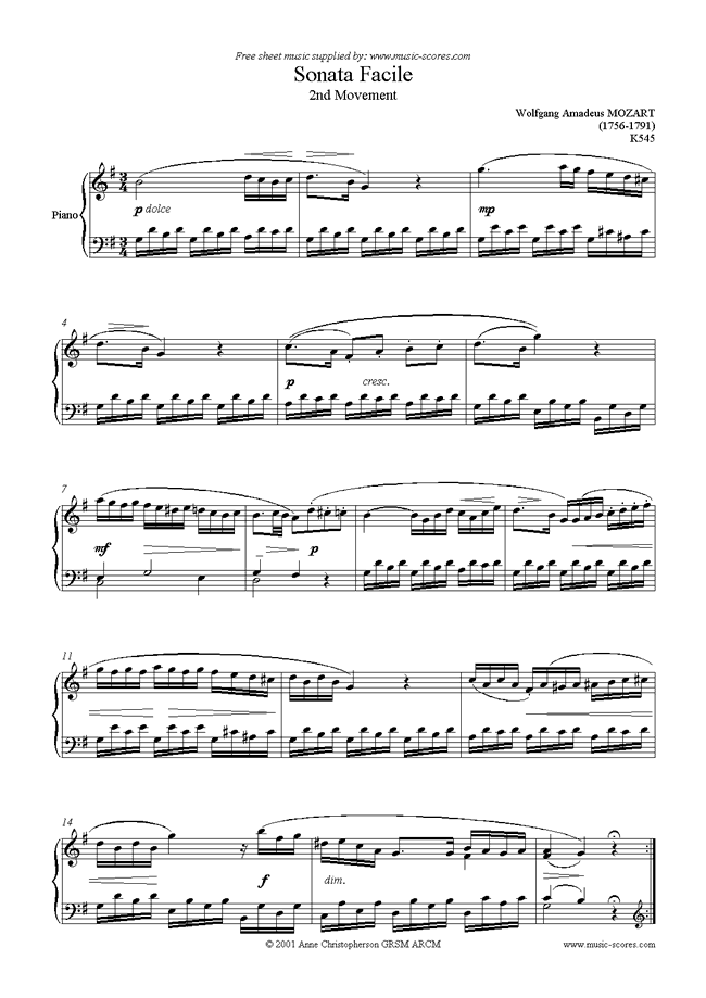 Front page of K545 Sonata Facile, 2nd Movement sheet music