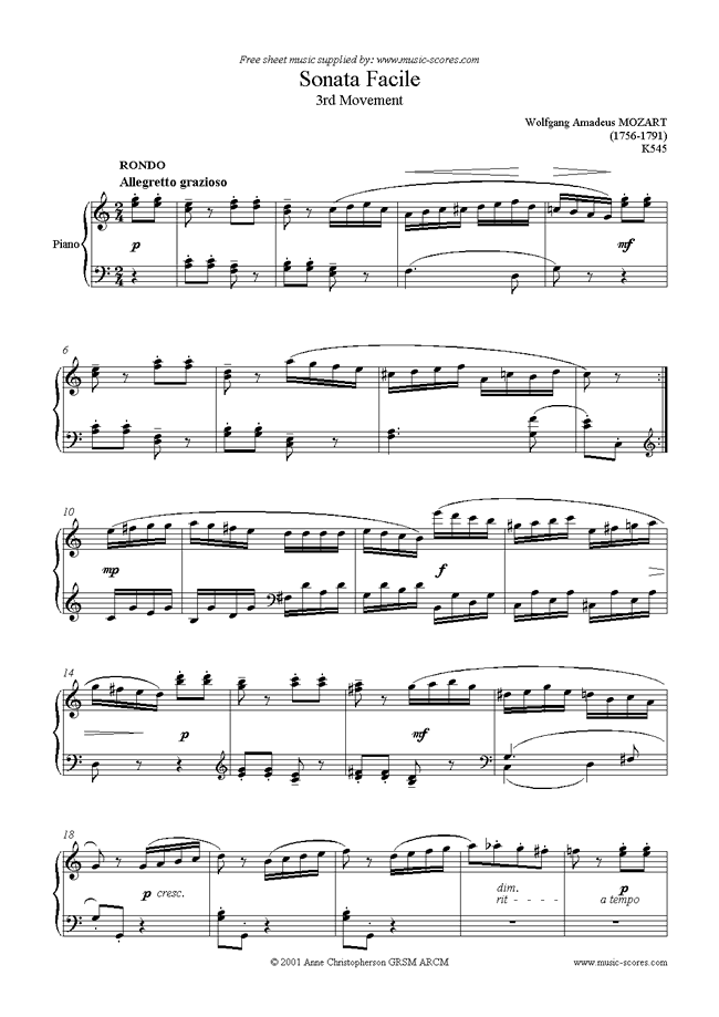 Front page of K545 Sonata Facile, 3rd Movement sheet music