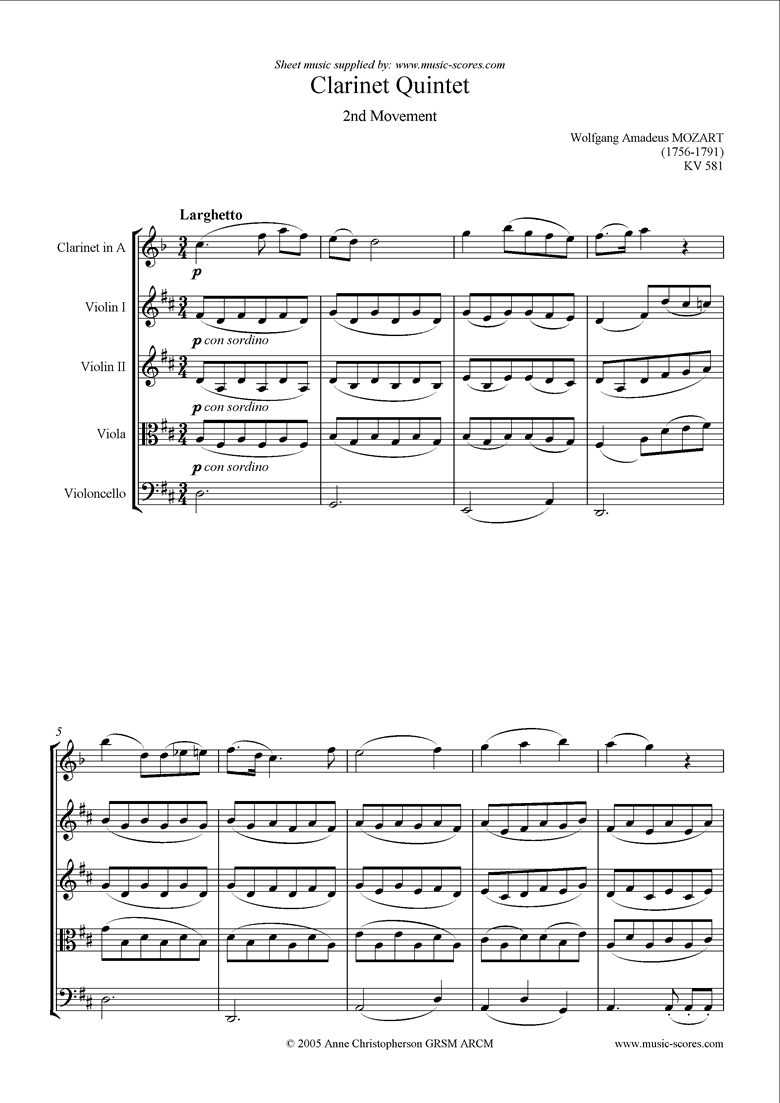 Front page of K581 Clarinet Quintet, 2nd Mt Clarinet and strings sheet music