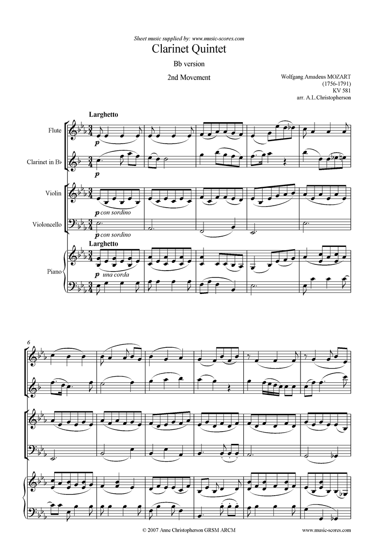 Front page of K581 Clarinet Quintet: 2nd mt Fl,Cl, Vn, Vc, Pno sheet music