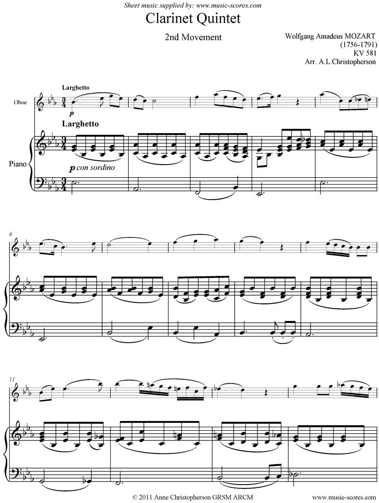 Front page of K581 Clarinet Quintet, 2nd Mt Oboe, Piano sheet music