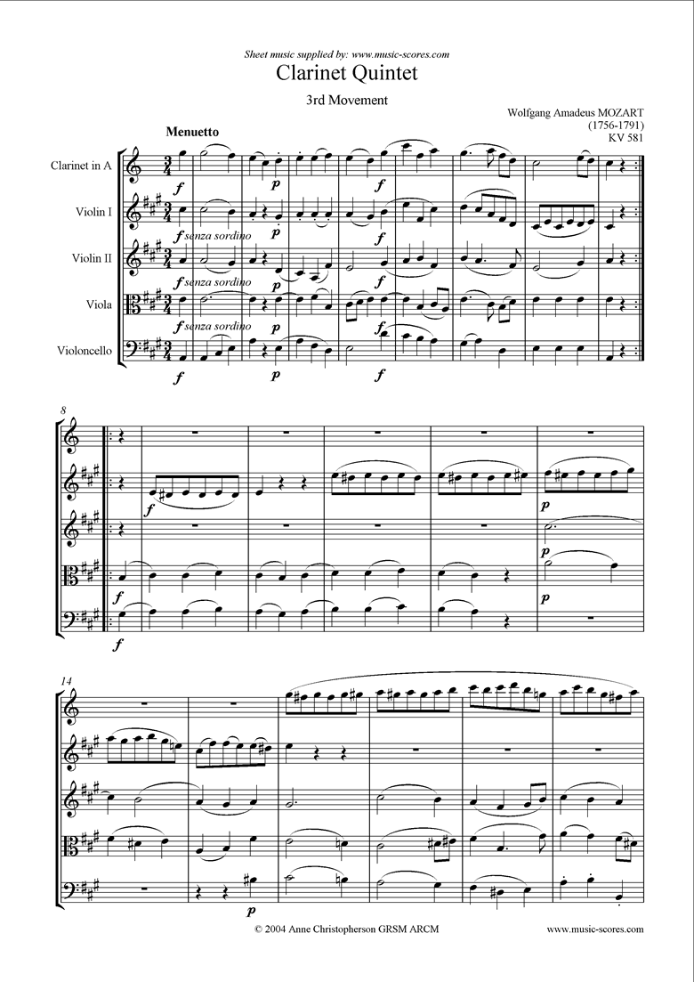 Front page of K581 Clarinet Quintet, 3rd Mt Clarinet and strings sheet music