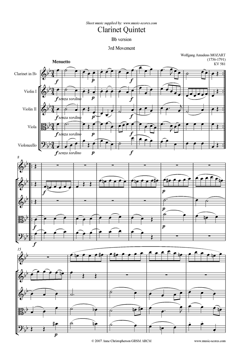Front page of K581 Clarinet Quintet: 3rd mt Bb Clarinet, strings sheet music