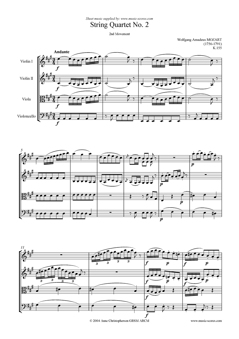 Front page of K155 String Quartet No 02: 2nd Mvt, Andante sheet music