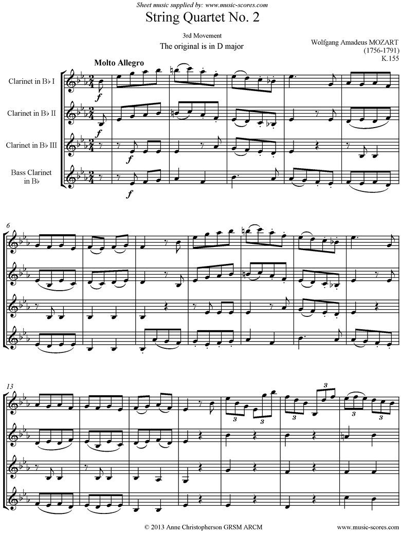 Front page of K155 String Quartet No 02: 3rd Mvt, Molto Allegro. 3 Clarinets, Bass Clarinet. Lower sheet music